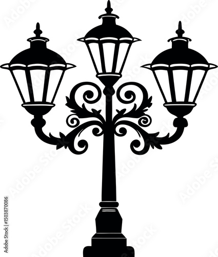 Intricate black and white silhouette of an elegant threelamp street light vector silhouette