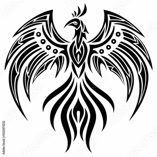 A striking black-and-white tribal phoenix vector, symbolizing rebirth and strength—ideal for bold, meaningful body art.