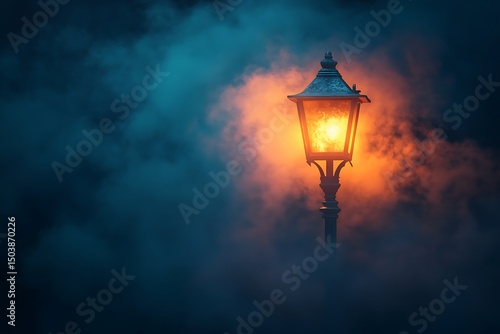 Bright lantern casts a warm glow amidst the cool, enveloping blue fog at nighttime