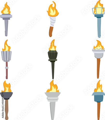 torch fire set cartoon vector illustration