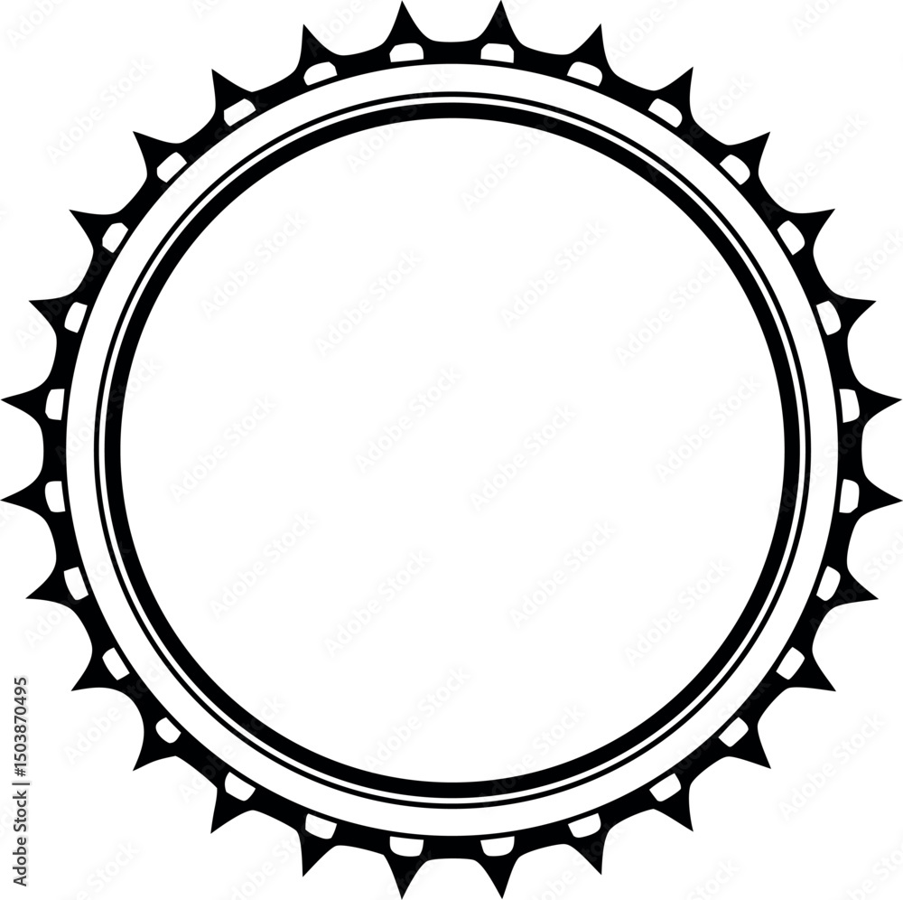 Circular cogwheel frame with inner border and sharp triangular teeth design vector silhouette Circular cogwheel frame with inner border and sharp triangular teeth design vector silhouette