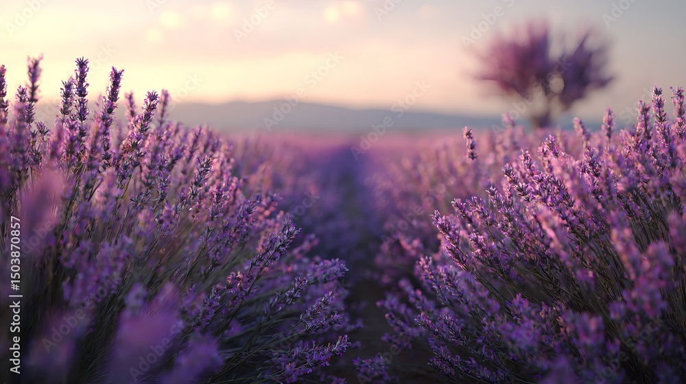 Fototapeta premium Lavender Fields at Sunset: Purple Flowers, Scenic Landscape