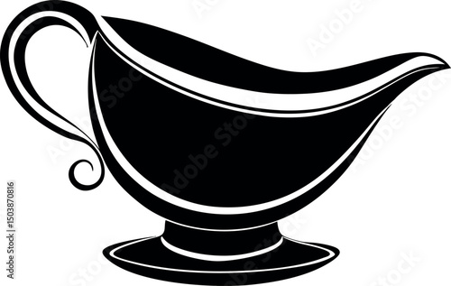 Monochrome Gravy Boat Icon with Elegant Lines and Spiraled Handle Detail vector silhouette