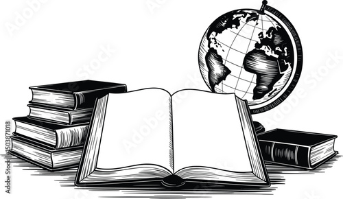 Open Book and Globe with Stacked Education Books Silhouette Vector Illustration.