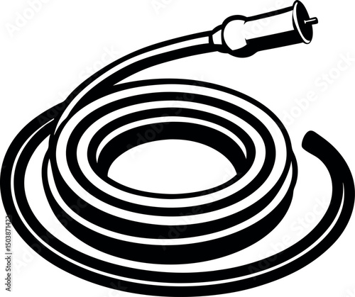 Coiled garden hose with nozzle in black and white for watering needs vector silhouette