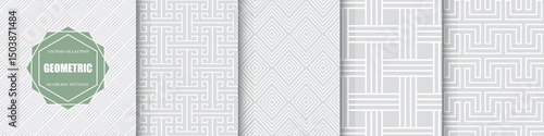 Collection of vector seamless geometric ornament patterns. Striped grey abstract backgrounds. Minimal textures with symmetry lines. Endless monochrome unusual prints
