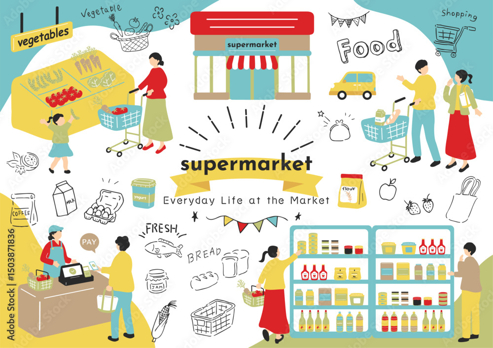 Naklejka premium スーパーマーケットで買い物をする人達 