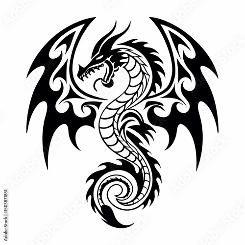 Bold tribal dragon vector featuring sharp curves and fierce detail—ideal for tattoos, logos, and fantasy-themed designs.