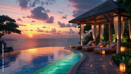Beautiful coastal resort sunset view with infinity pool lounge chairs and a luxurious relaxing vacation destination.