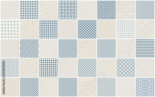 Collection of vector seamless geometric patterns. Color repeatable backgrounds. Striped and tile mosaic monochrome textures, textile prints
