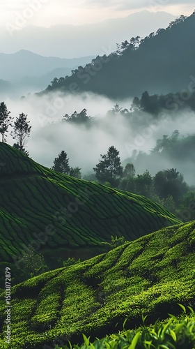 Lush green tea plantations extend across hilly terrain shrouded in early morning misty fog