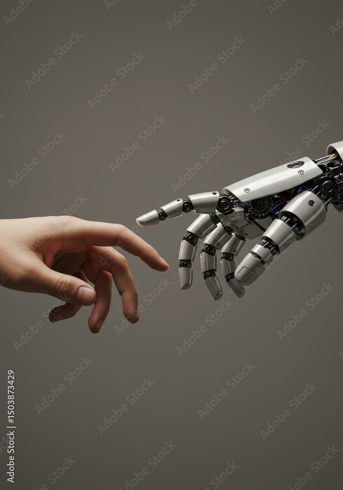 Naklejka premium Human hand touching robot hand artificial intelligence future technology