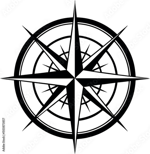 Elegant black and white compass rose with circular border illustration  