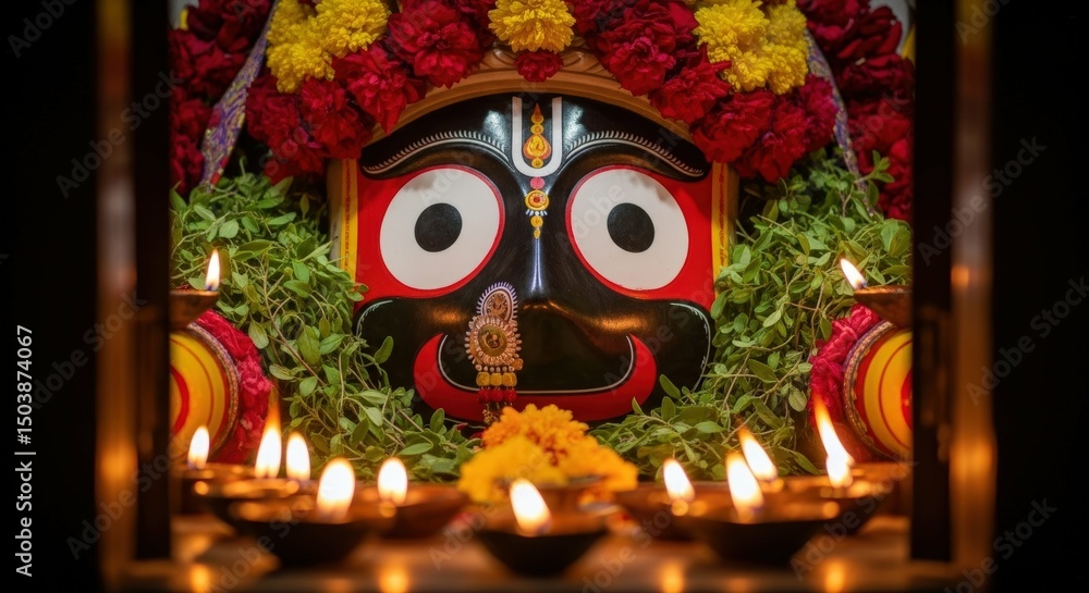 Fototapeta premium Jagannath face deity hinduism hindu god puja altar candles flowers devotion