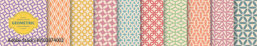 Collection of seamless ornamental color geometric patterns - symmetric vintage design. Endless grid textures. Vector repeatable bright backgrounds
