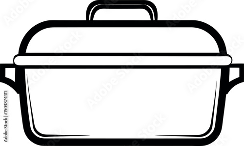 Black and white outline drawing of a casserole dish with a lid vector silhouette