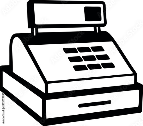 Black and White Graphic of an Old Fashioned Cash Register Machine vector 