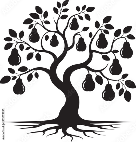"Black-and-White Pear Tree with Fruits and Roots - Detailed Vector Illustration of Pear Tree Growth"