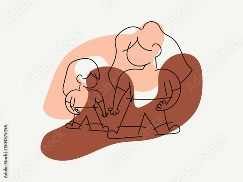 A mother with a little daughter in a simple line style, vector illustration