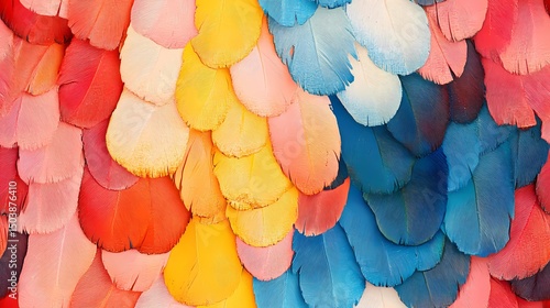 Seamless texture showing layered parrot feathers in bright tones, ideal for bold surface decoration and textile design.