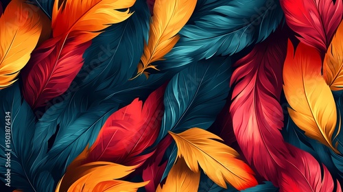 Seamless texture showing layered parrot feathers in bright tones, ideal for bold surface decoration and textile design.
