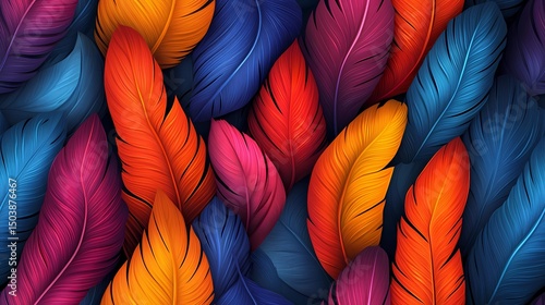 Seamless texture showing layered parrot feathers in bright tones, ideal for bold surface decoration and textile design.