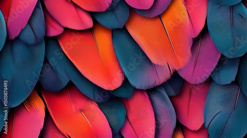 Seamless texture showing layered parrot feathers in bright tones, ideal for bold surface decoration and textile design.