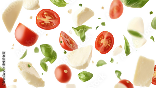 Title: Falling Slices of Mozzarella Tomatoes and Basil Leaves Isolated on White Background