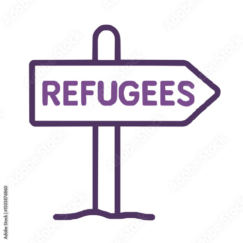 Hand-drawn vector icon of refugees direction sign symbolizing migration, displacement, and humanitarian aid