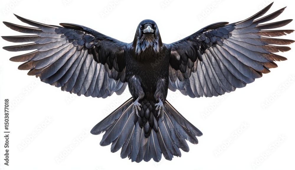 Obraz premium Majestic Black Bird in Flight Against White Background