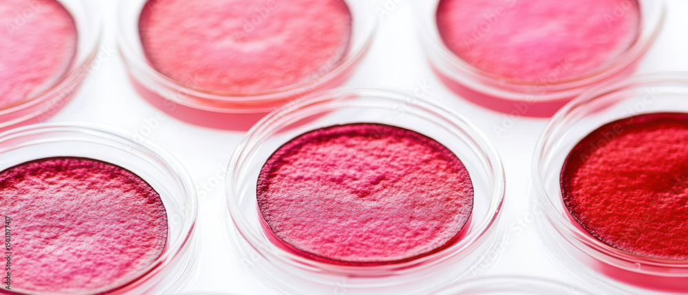 Vibrant pink and red pigments petri dishes create colorful display of beauty products. textures and shades evoke creativity Vibrant pink and red pigments petri dishes create colorful display of beauty products. textures and shades evoke creativity