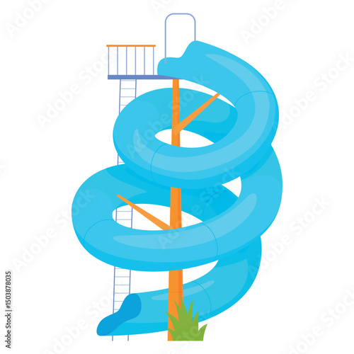 Illustration of a bright, twisting, steep water slide of an aquapark on a white background