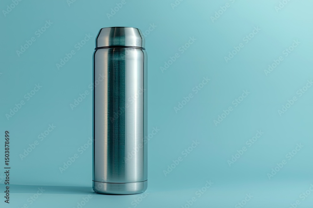 Stainless Steel Thermos for Mock Up Isolated on a Pastel Blue Background Stainless Steel Thermos for Mock Up Isolated on a Pastel Blue Background