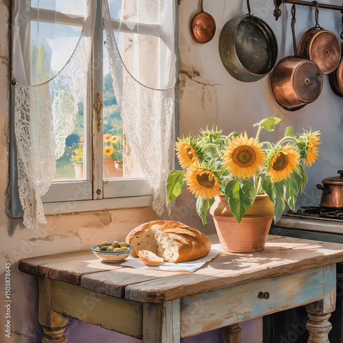 provence interior, watercolor , still life with sunflowers Ai generated 