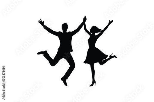 Happy couple jumping silhouette on white background