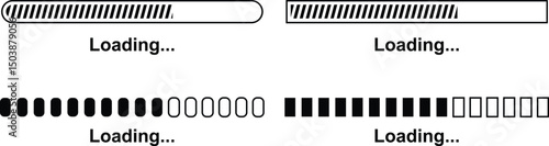 Loading bar set. Retro progress bars on white and black screens. Search vector loading vector collection isolated on transparent of loading and buffering symbols for websites, app, logo load design.
