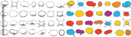 Hand drawn anime manga doodle line elements set Set of colors empty comic speech bubbles stickers with cloud, stars, halftone on transparent background