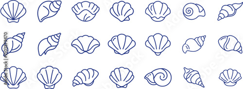 Set of 21 seashells outline icon, summer sea beach element