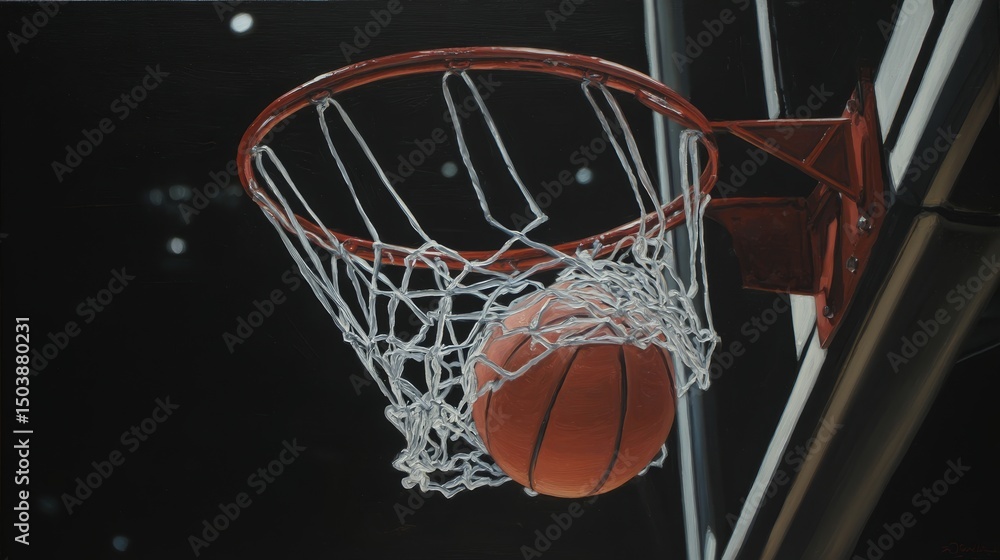 Photorealistic Basketball Swoosh Through Indoor Gym Net, Black Background Dramatic Lighting Photorealistic Basketball Swoosh Through Indoor Gym Net, Black Background Dramatic Lighting
