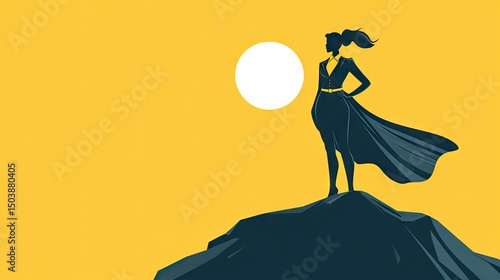 Strong woman stands atop a mountain peak.