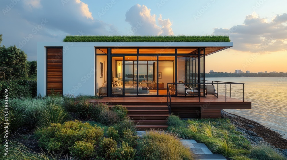 Obraz premium Modern waterfront cabin at sunset