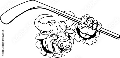 A bull or Minotaur monster longhorn cow angry mean ice hockey mascot cartoon character.