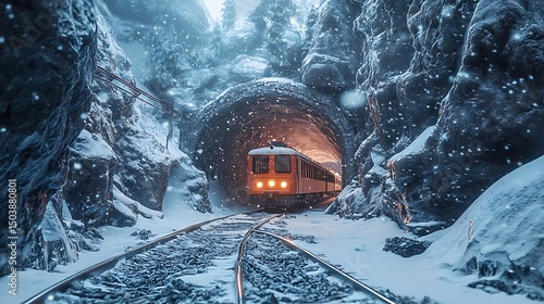 Approaching orange train emerges from a snowy mountain tunnel amid falling snow