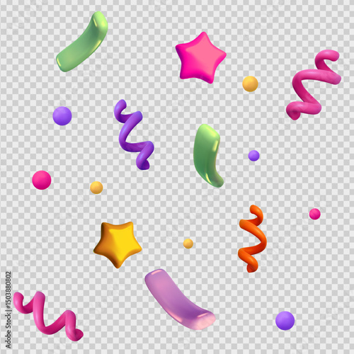 Baloon 3D Bubble Confetti. 3d Decoration vector Isolated Shape. Celebration Party Star Ribbon Swirl Colorful Festive Ball Curl Glossy Bright floating 3D party elements on transparent background