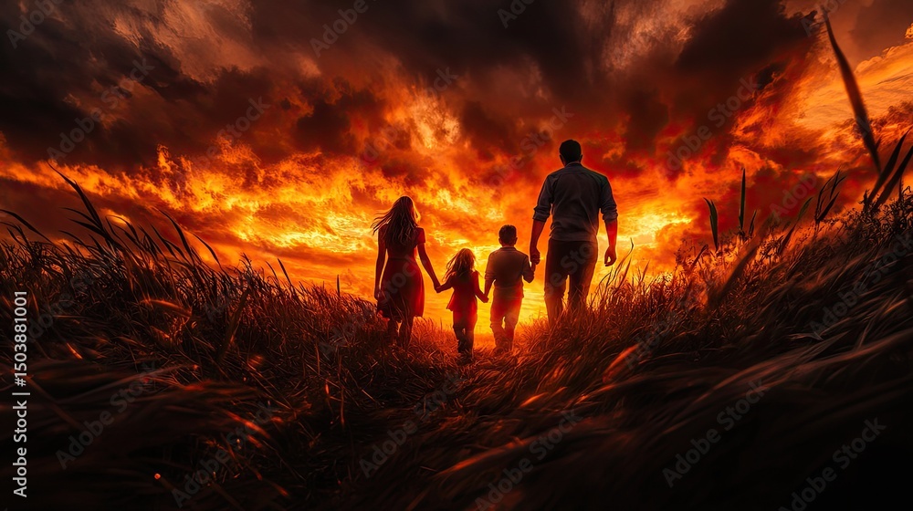 Fototapeta premium Family silhouette at fiery sunset.