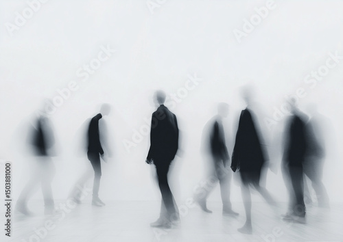 Blurred silhouettes of people walking in minimalist white space with motion blur effect, representing modern life, isolation, identity, urban anonymity and conceptual art photography themes