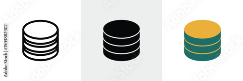 Database Icon Set Stacked Disks in Line Art, Solid, and Color on White Background