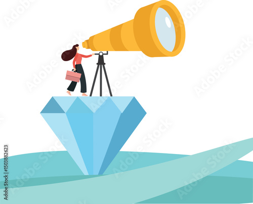 finding new opportunities, business man sitting on diamond with camera in hand.