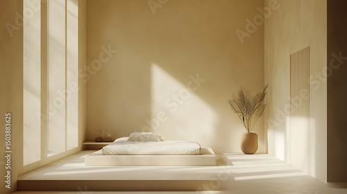 Minimalist bedroom reflects warmth through sunlit interiors and neutral colors, creating a serene ambience