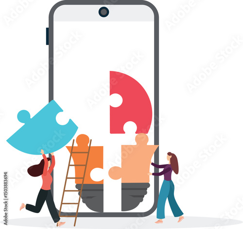 Flat Assemble Colored Light Bulb from Puzzles. Vector Illustration on White Background. Men Casual Clothes and Woman Animatedly Gathering Large Lamp Out Equal Parts Puzzle Against Background Laptop.